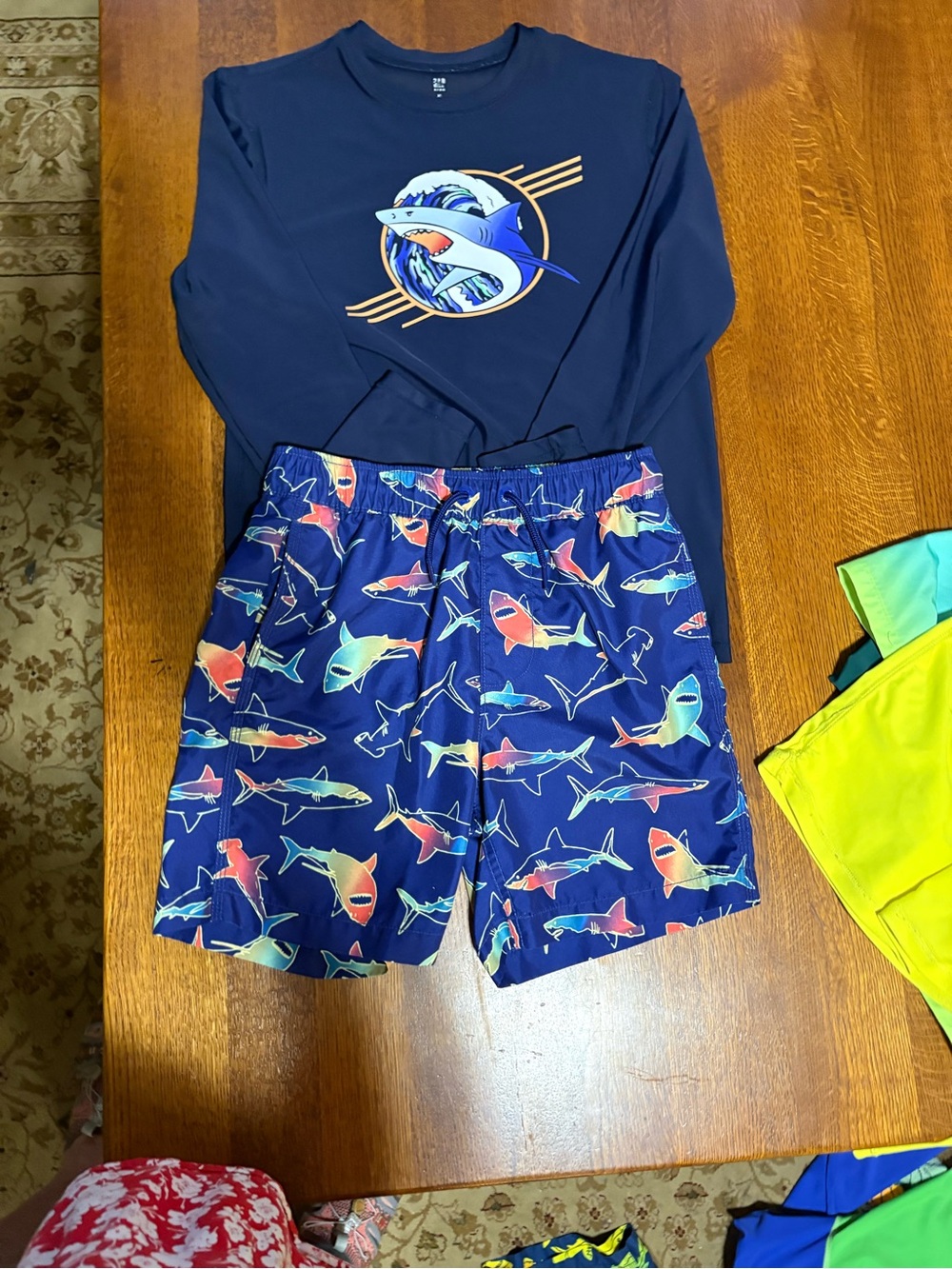 Navy Shark Graphic rash guard Top with Shark Print Swim Shorts set